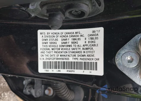 2017 Honda Civic Lx из США, поврежденный, VIN 2HGFC2F59HH567655